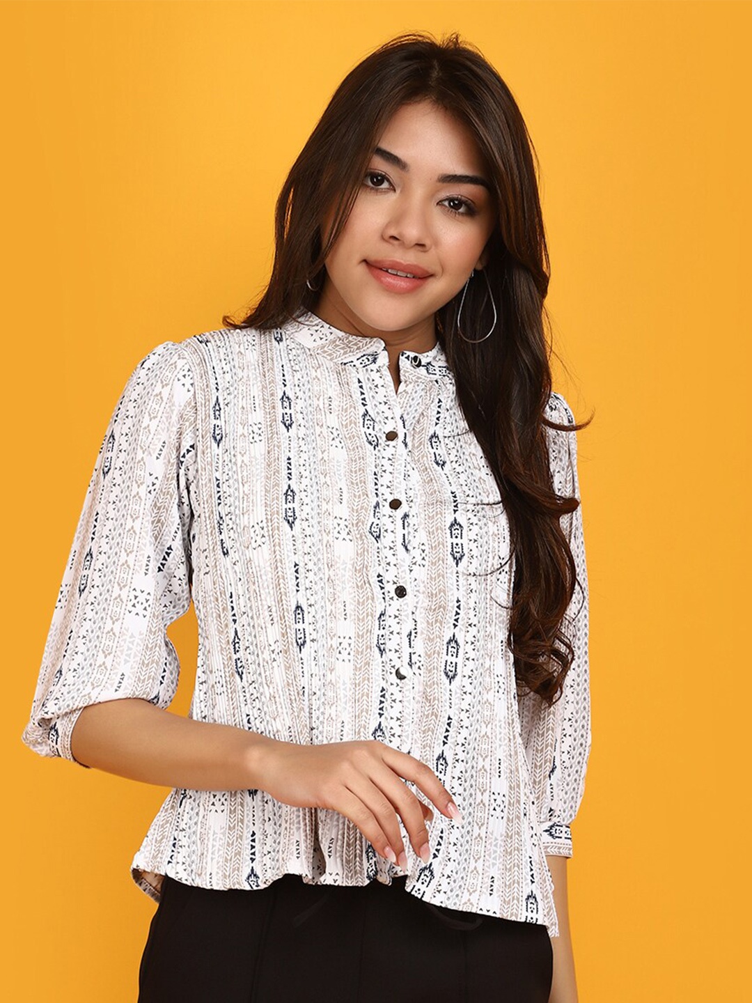 

V-Mart Abstract Printed Mandarin Collar Cotton Shirt Style Top, White