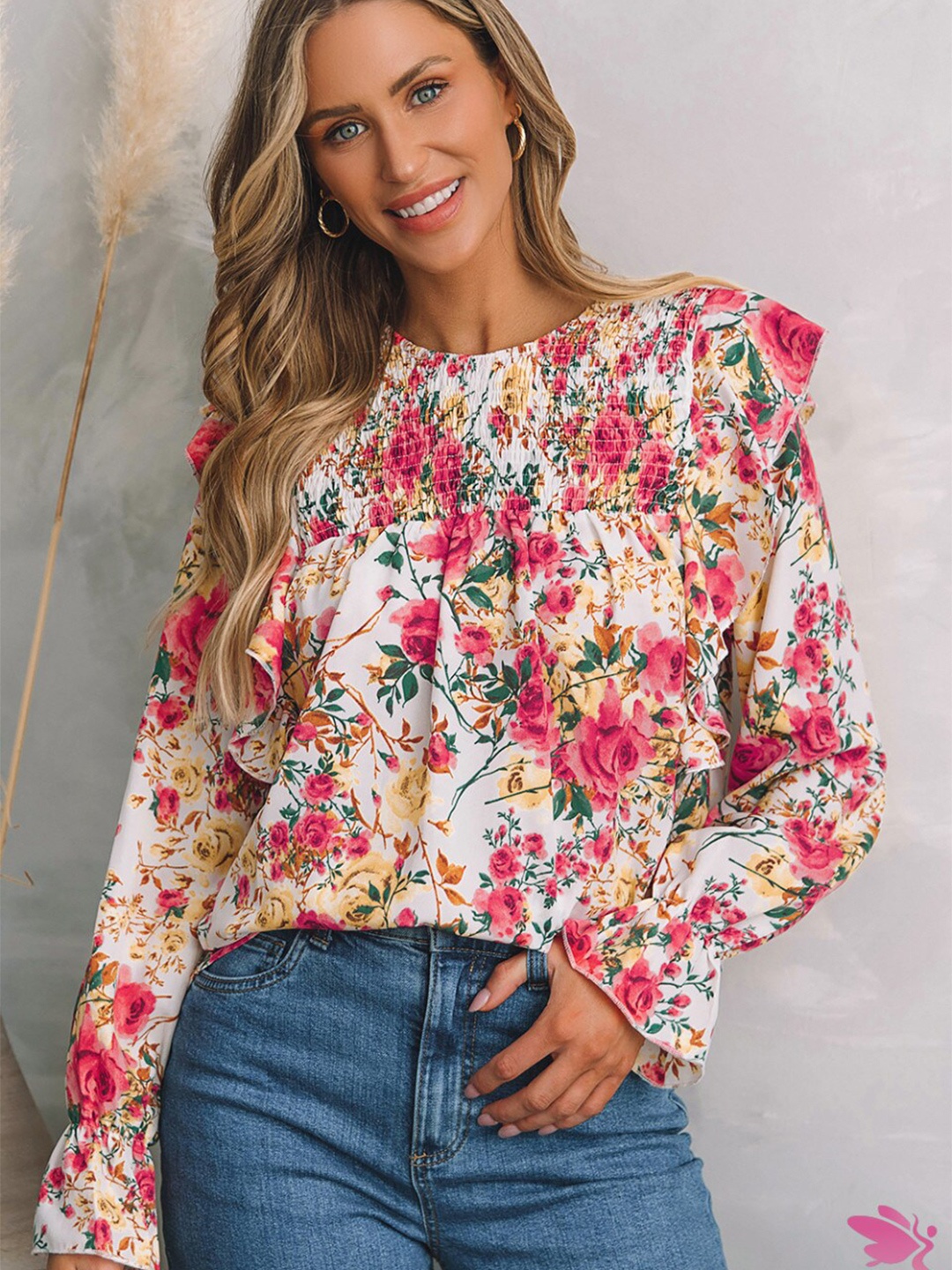 

StyleCast White Floral Printed Bell Sleeves Ruffles Top