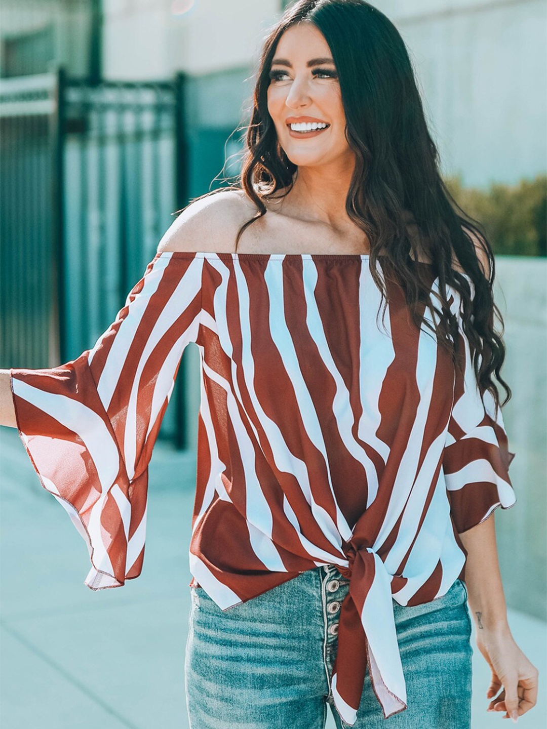 

StyleCast Brown & White Striped Bell Sleeve Top