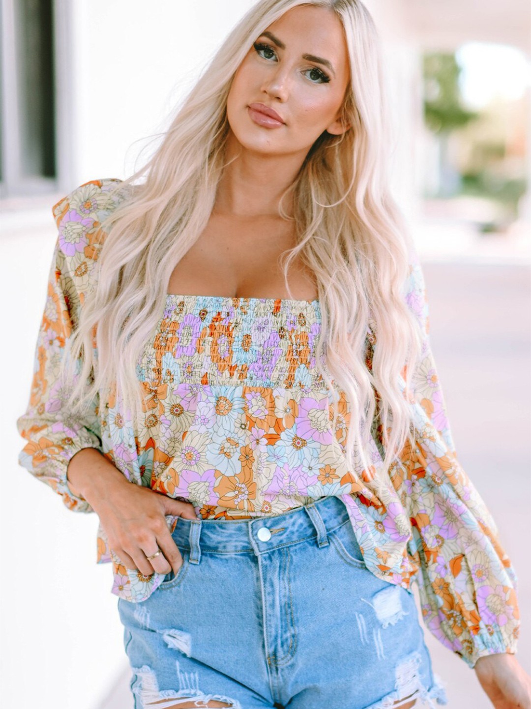 

StyleCast White Floral Printed Smocking Top