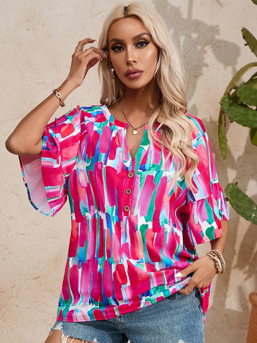 

StyleCast Pink Geometric Print Mandarin Collar Flared Sleeves Top