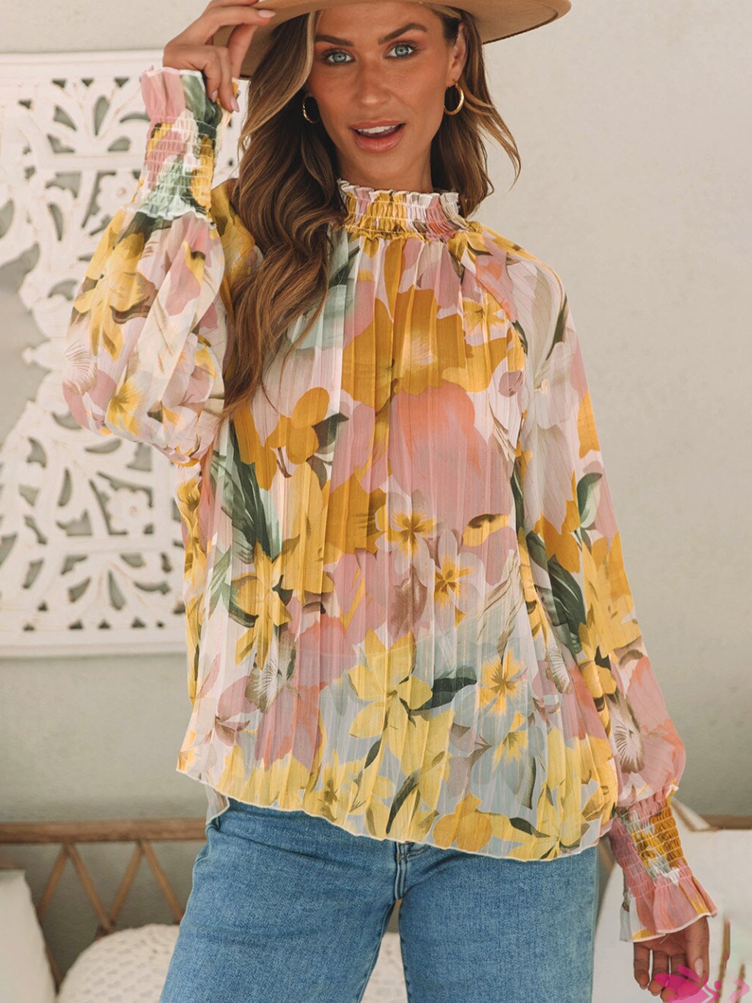 

StyleCast Yellow Floral Printed High Neck Top