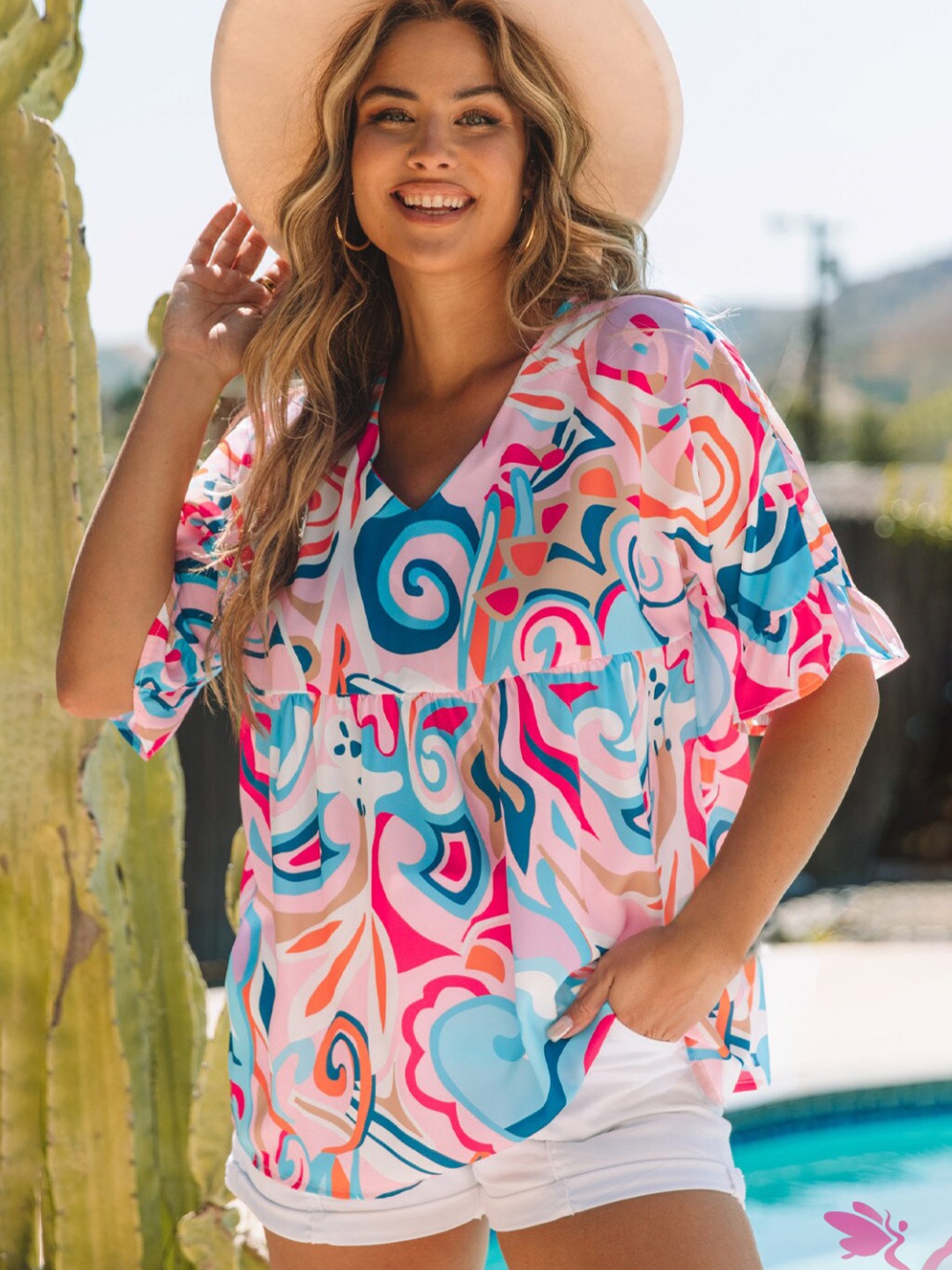 

StyleCast Blue Abstract Print V-Neck Bell Sleeves Top, Pink