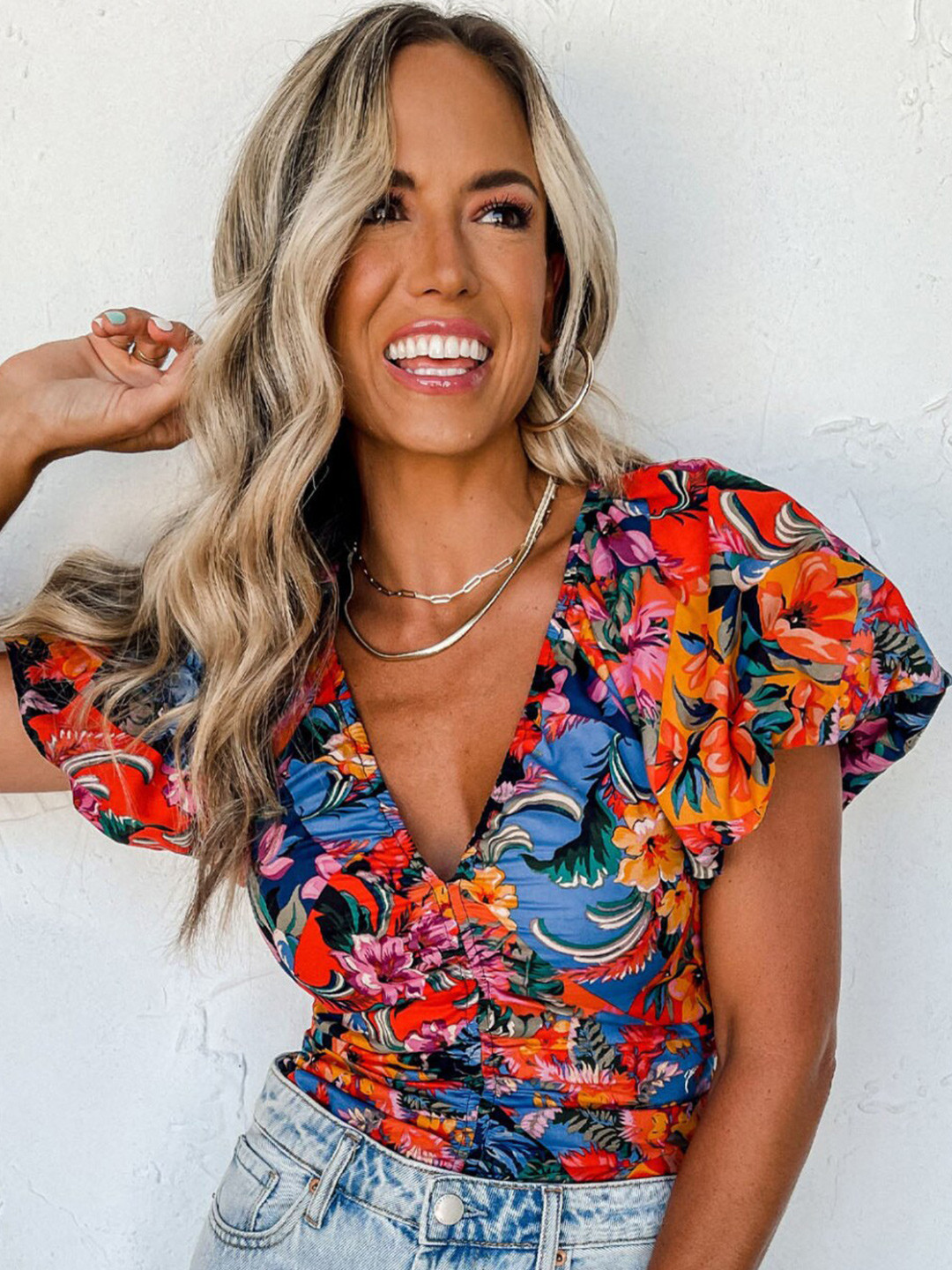 

StyleCast Orange Floral Print V-Neck Flutter Sleeve Top