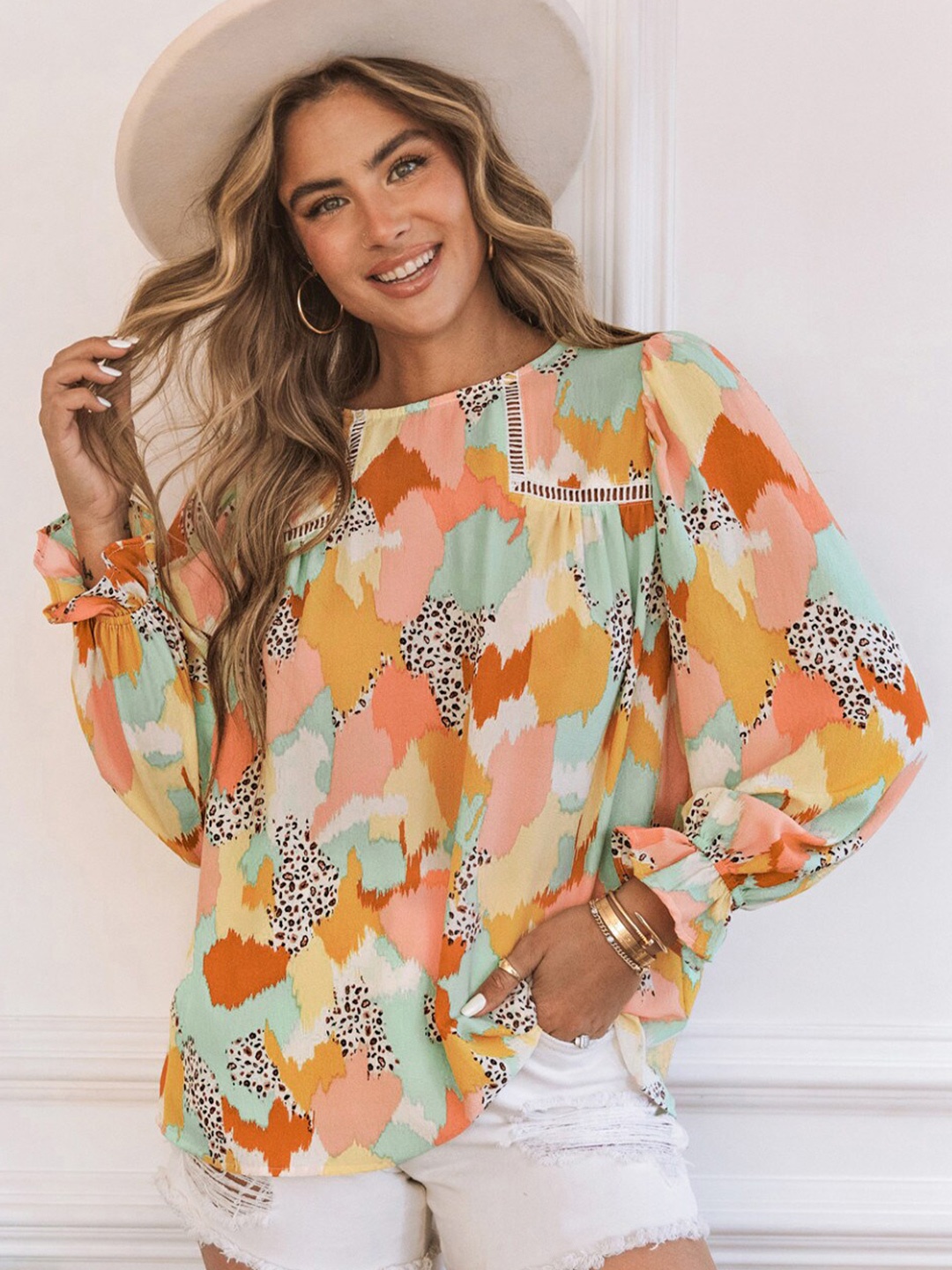 

StyleCast Orange-Coloured Abstract Printed Bell Sleeves Top