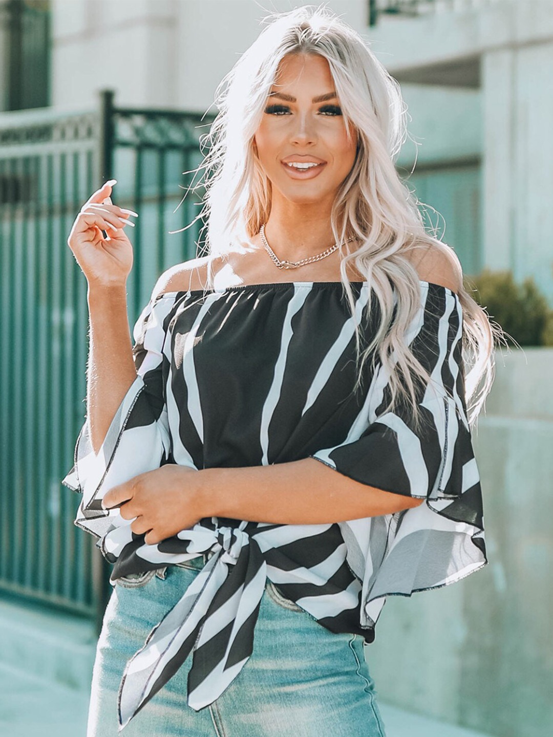 

StyleCast Black Striped Off-Shoulder Bardot Top