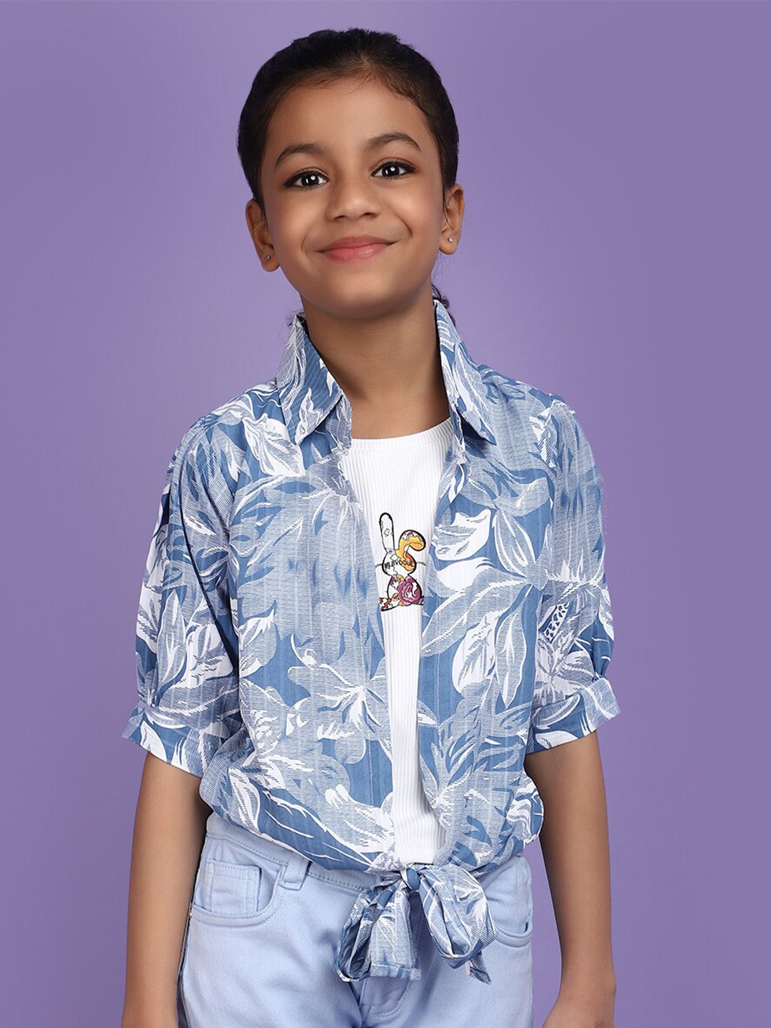 

V-Mart Girls Floral Printed Shirt Collar Cotton Shirt Style Top, Blue