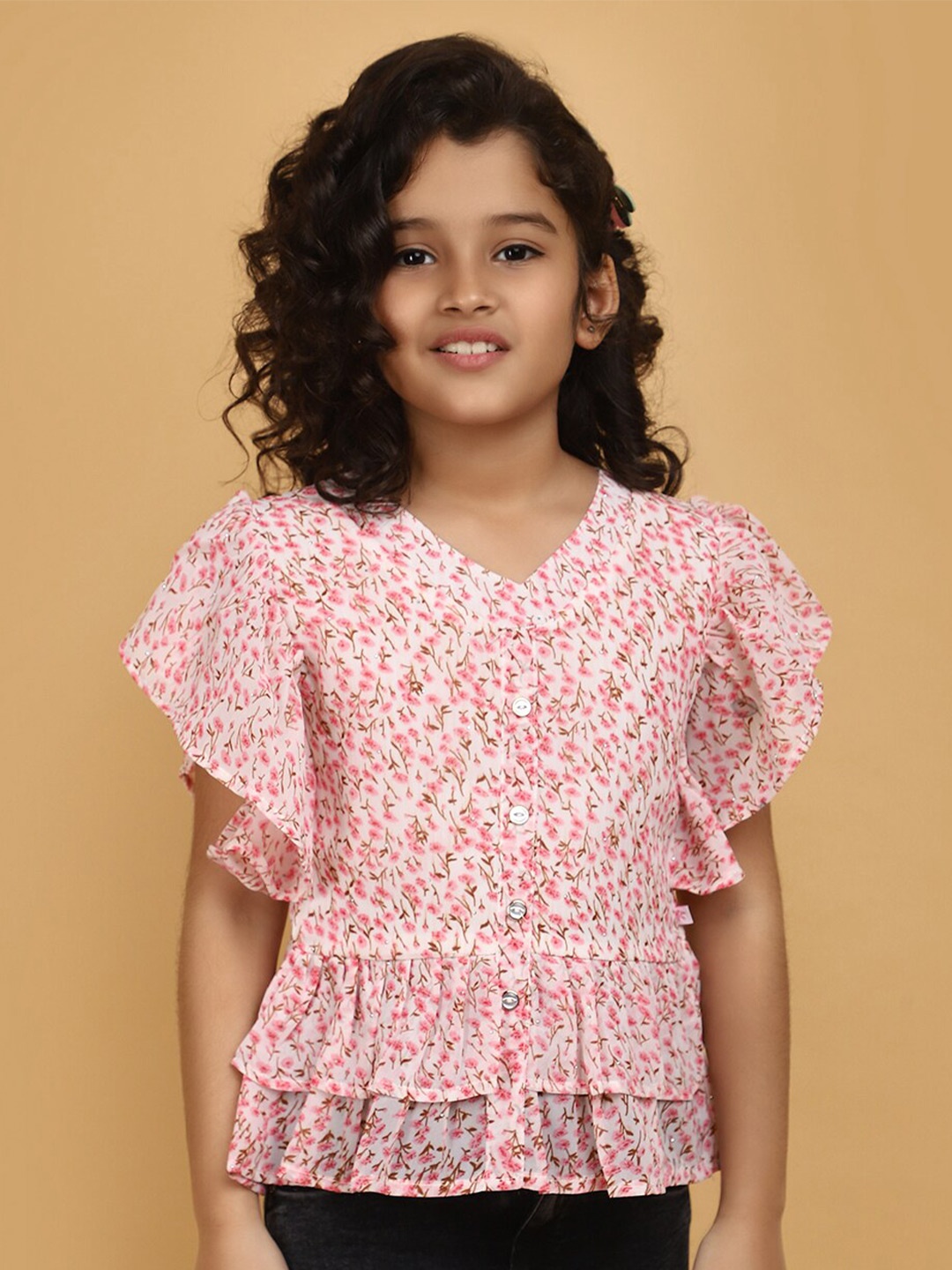 

V-Mart Girls Floral Printed V-Neck Flutter Sleeve Layered Cotton Peplum Top, Pink