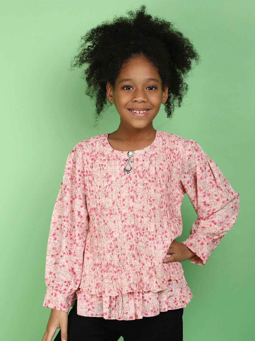 

V-Mart Girls Floral Printed Puff Sleeves Cotton Top, Pink