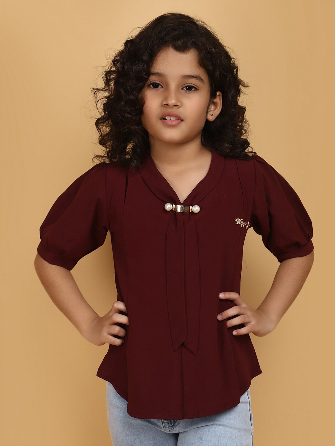 

V-Mart Girls V-Neck Puff Sleeve Cotton Top, Maroon