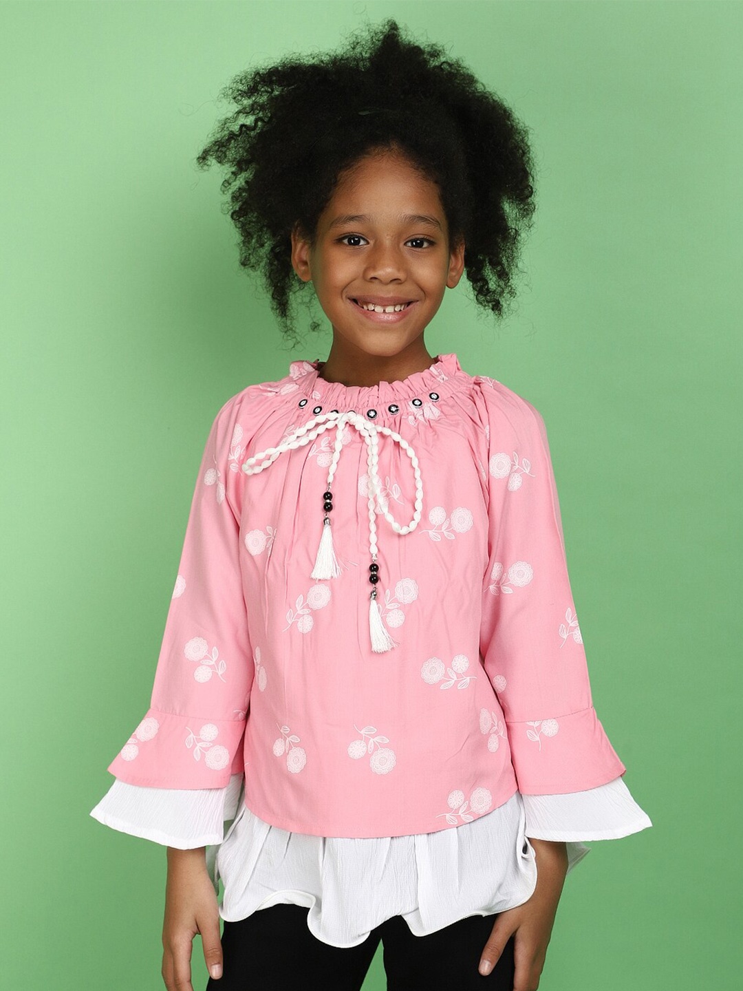 

V-Mart Girls Floral Printed Bell Sleeves Top, Pink