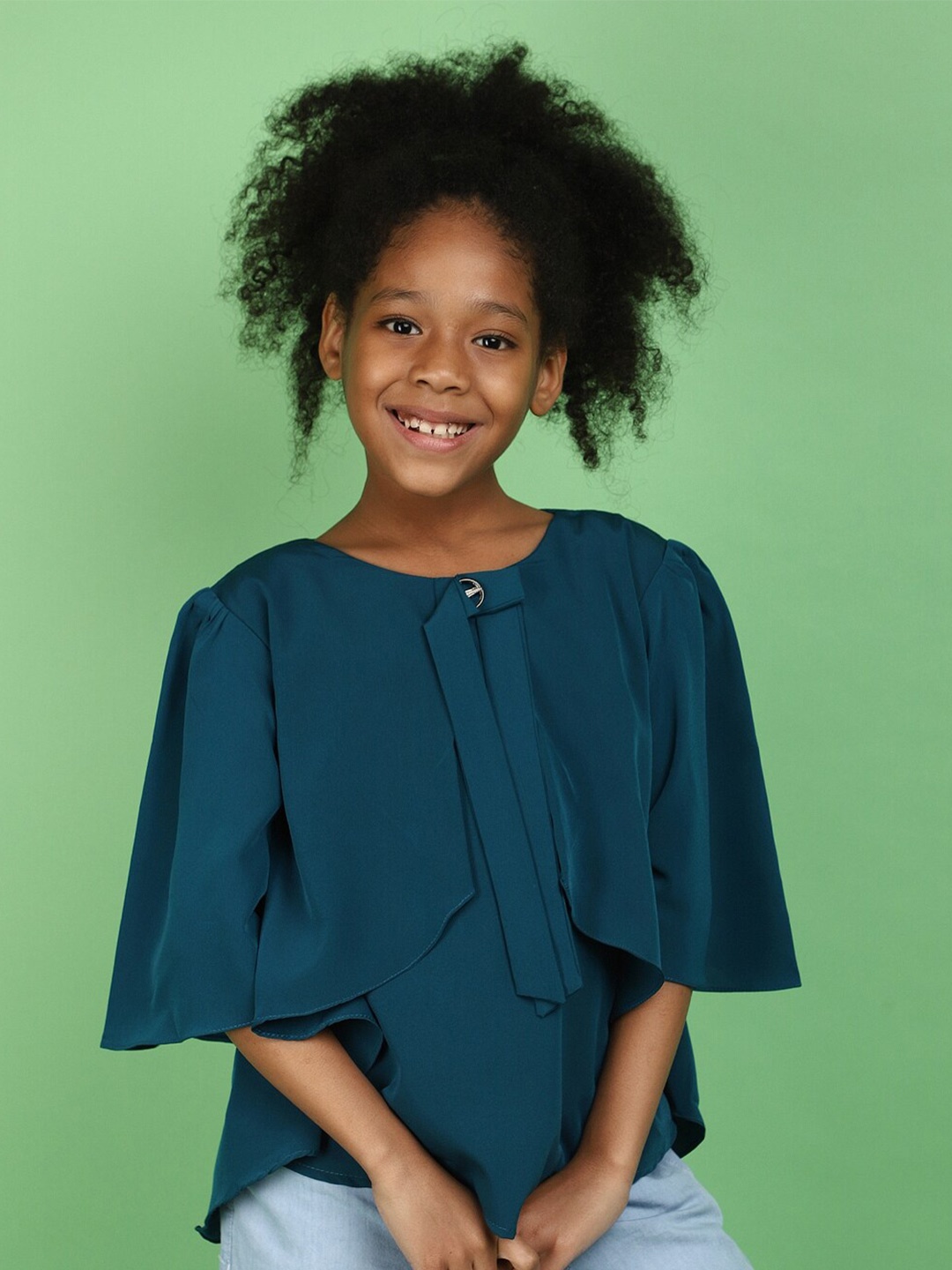 

V-Mart Girls Flared Sleeves Cotton Georgette Top, Green