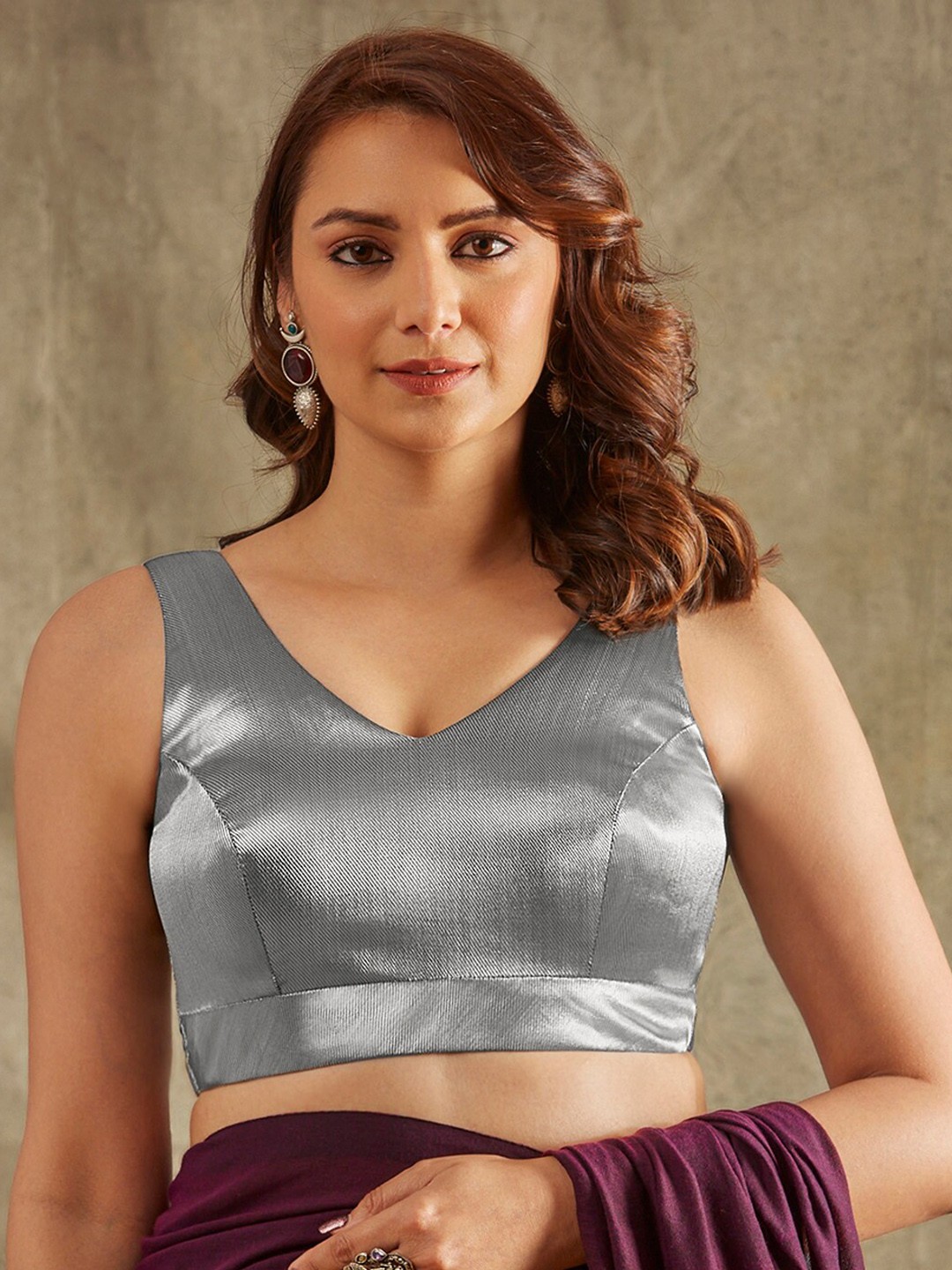 

SALWAR STUDIO Sleeveless Silk Saree Blouse, Silver