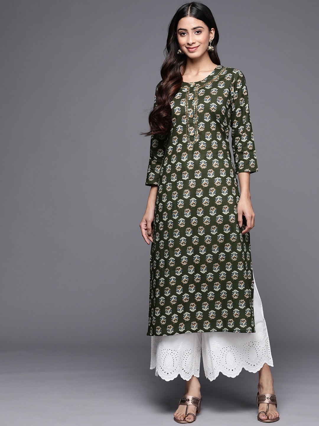 

KALINI Ethnic Motifs Printed Gotta Patti Pure Cotton Straight Kurta, Green