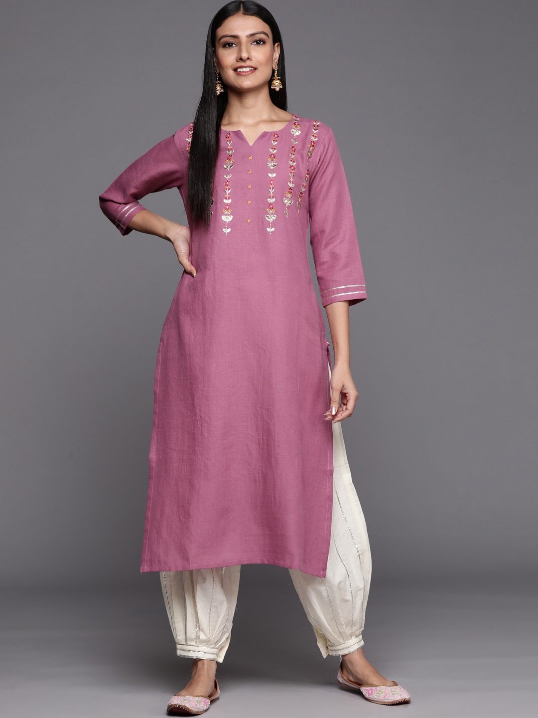 

KALINI Yoke Design Round Neck Three-Quarter Sleeves Kurta, Mauve