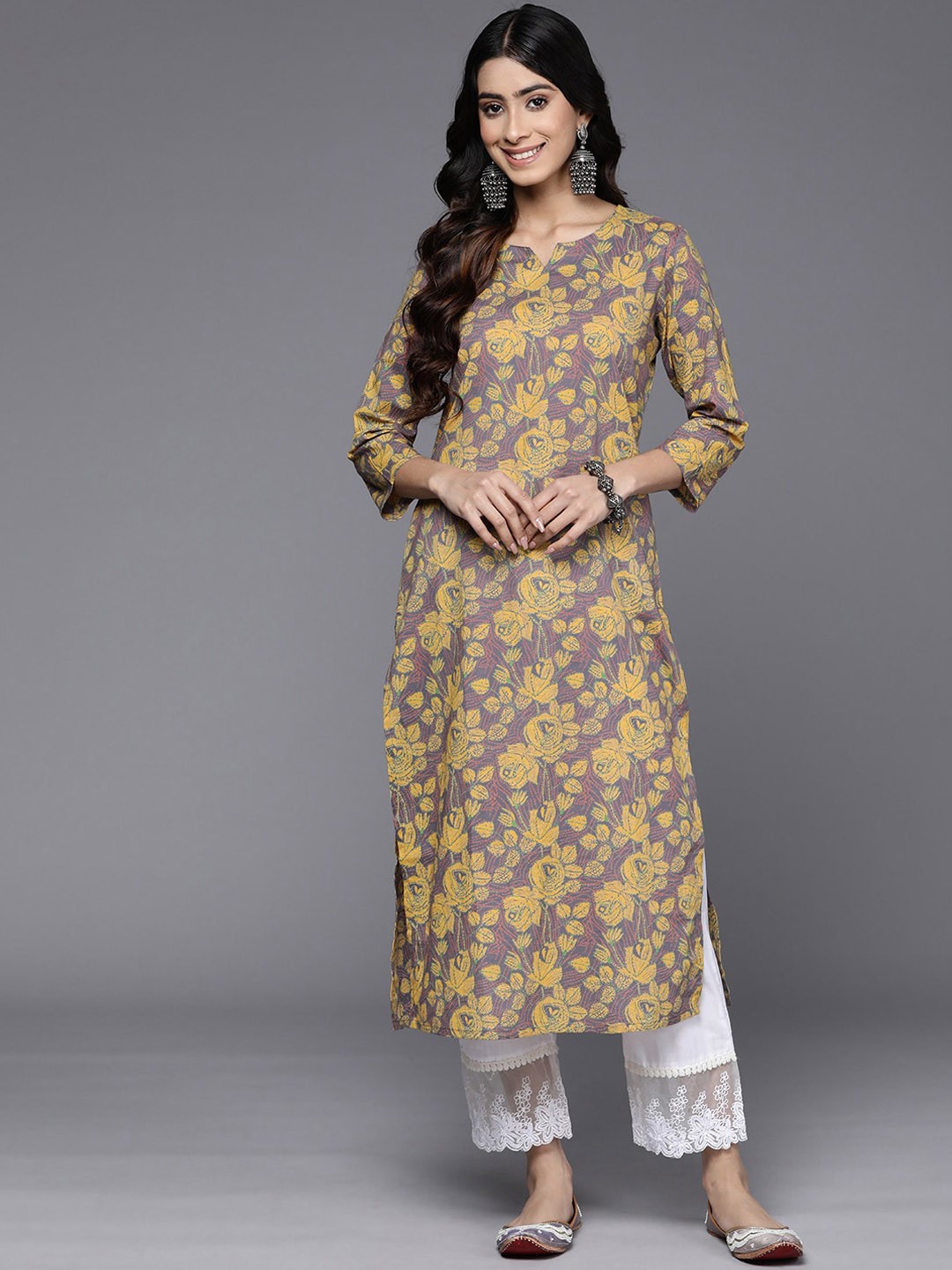 

KALINI Floral Printed Cotton Pure Cotton Straight Kurta, Yellow