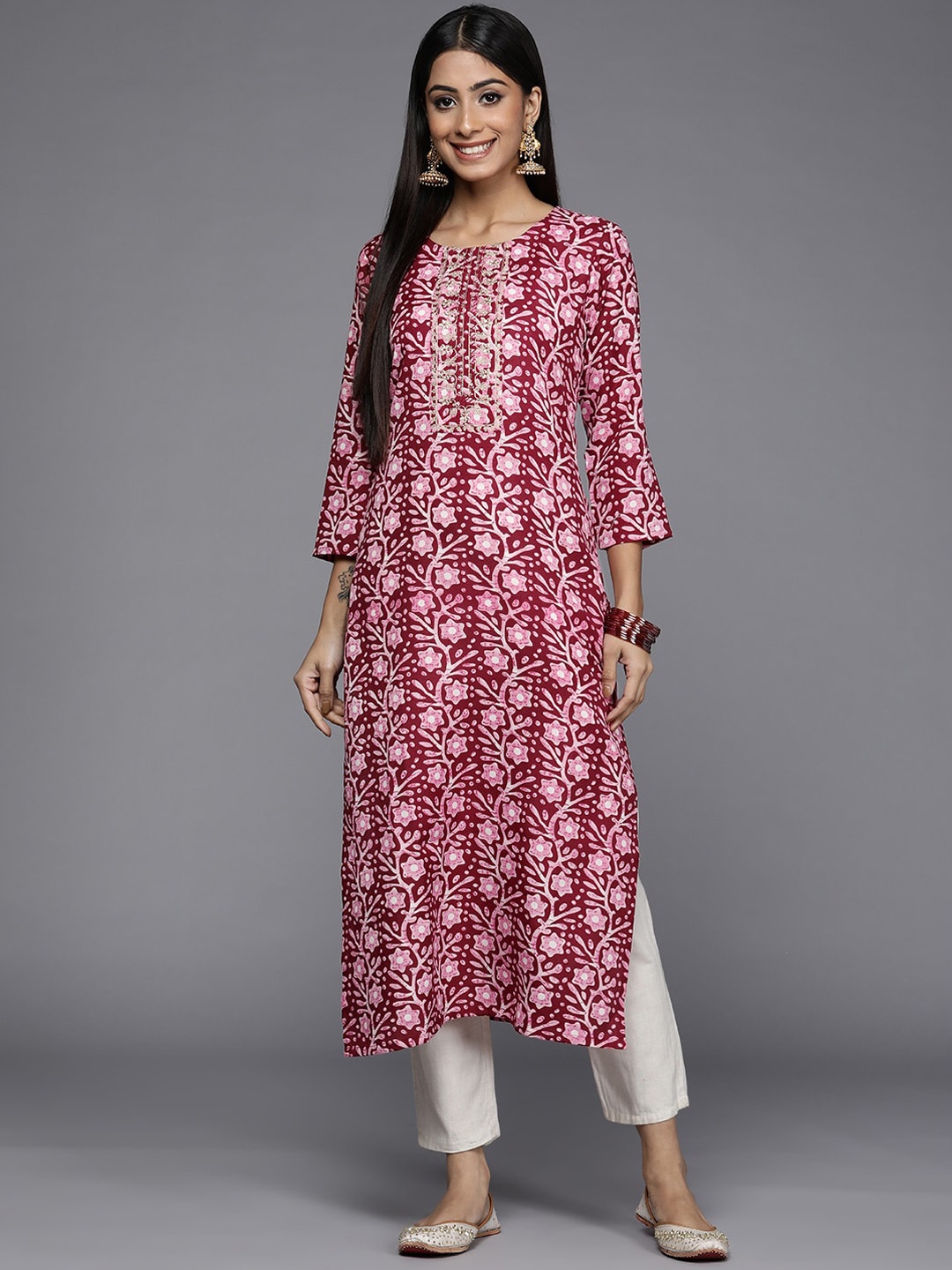 

KALINI Ethnic Motifs Printed Thread Work Straight Kurta, Maroon