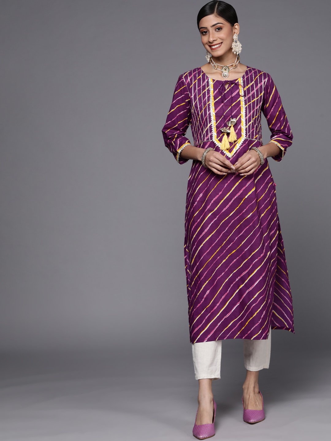 

KALINI Striped Gotta Patti Pure Cotton Straight Kurta, Purple
