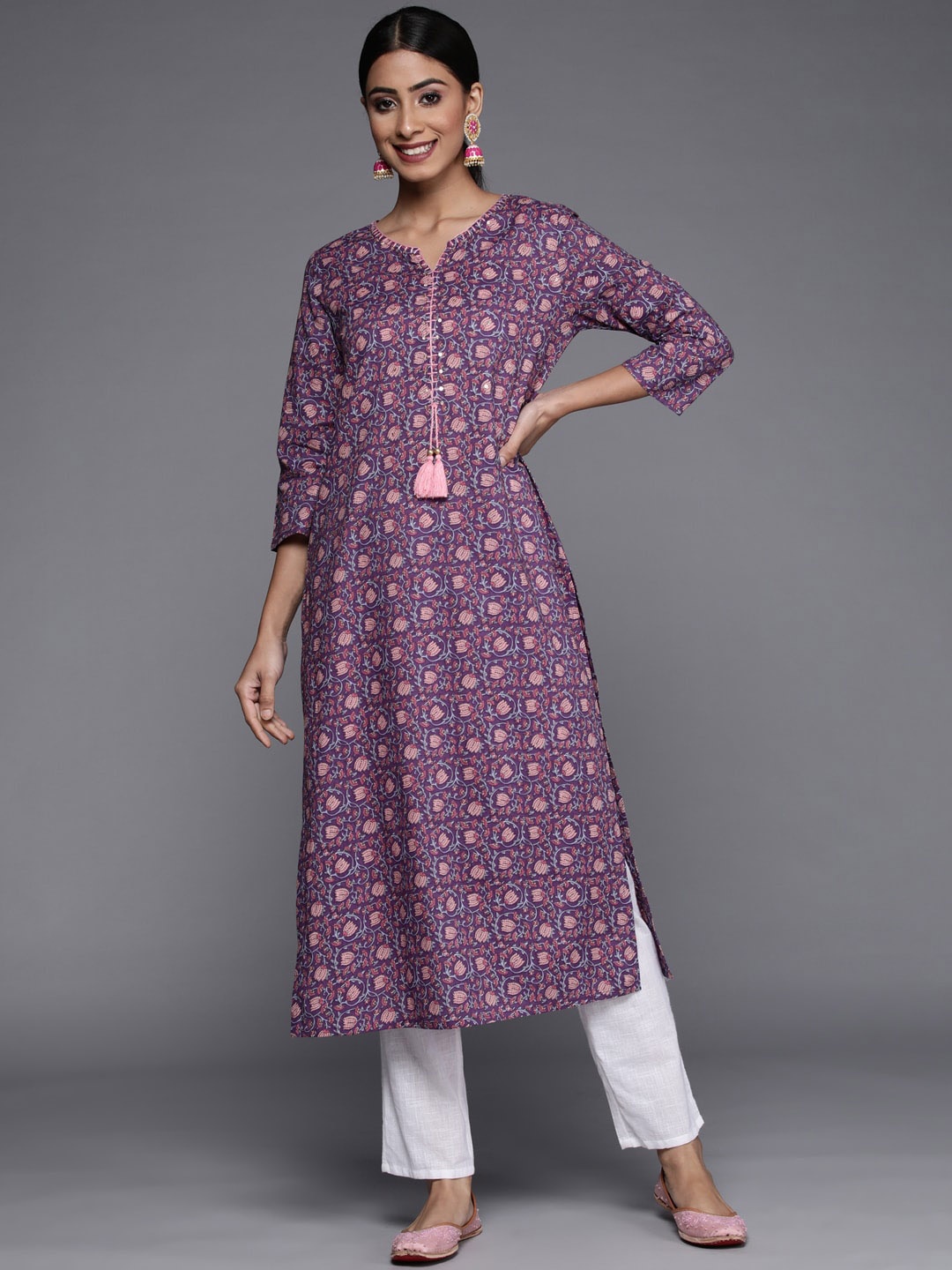 

KALINI Women Geometric Printed Thread Work Kurta, Purple