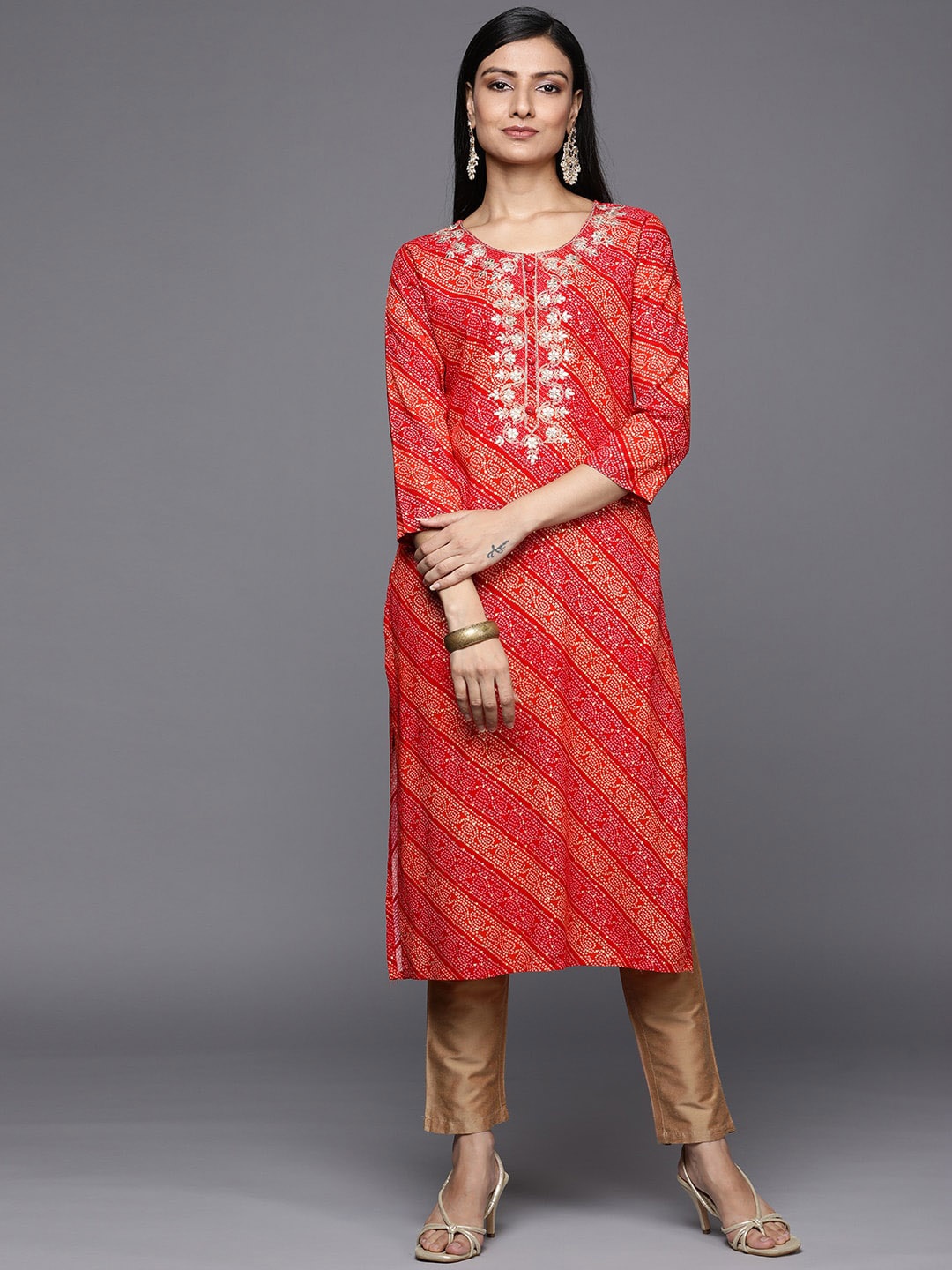 

KALINI Women Printed Mirror Work Kurta, Red