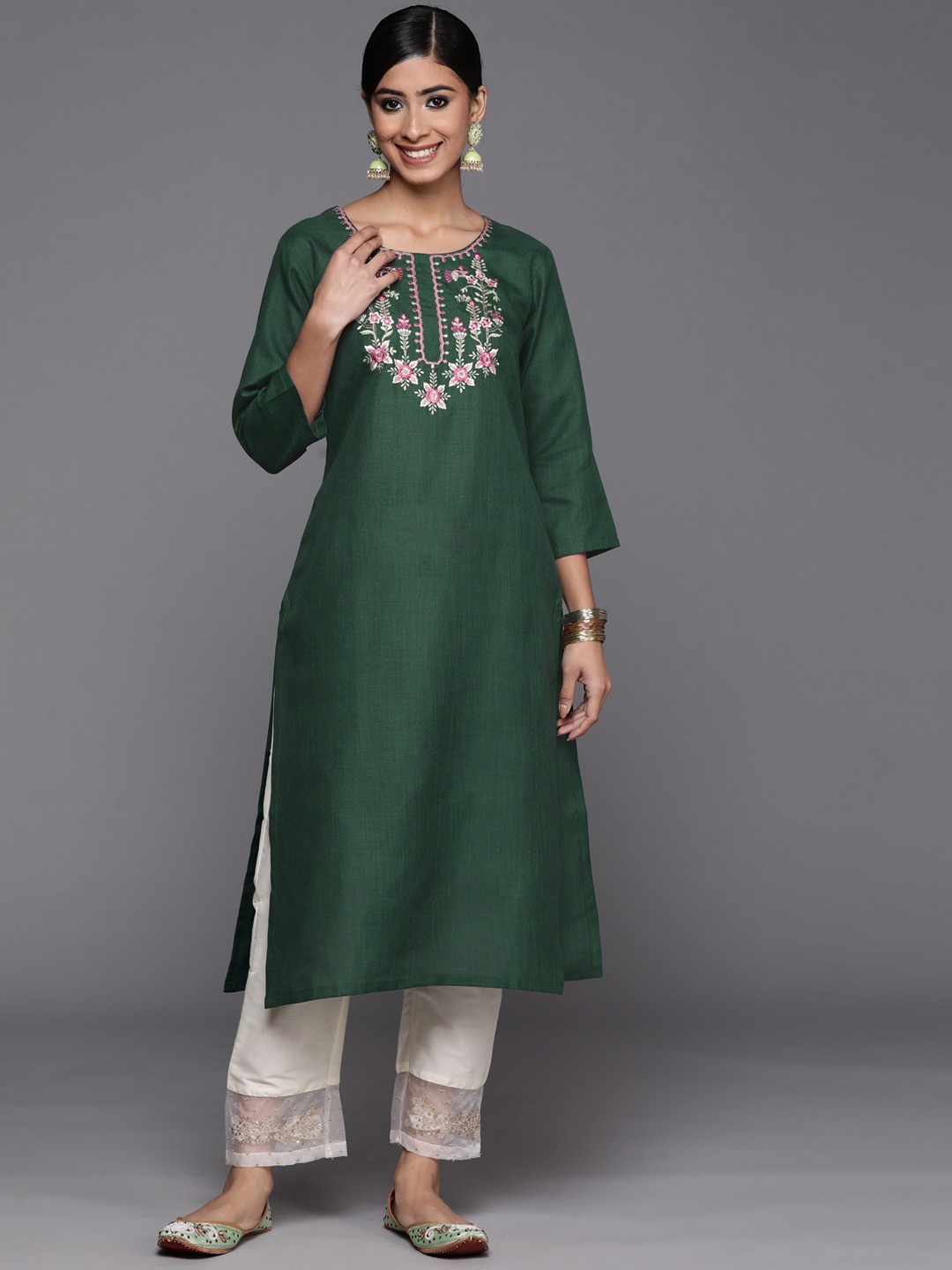 

KALINI Floral Yoke Design Cotton Straight Kurta, Green