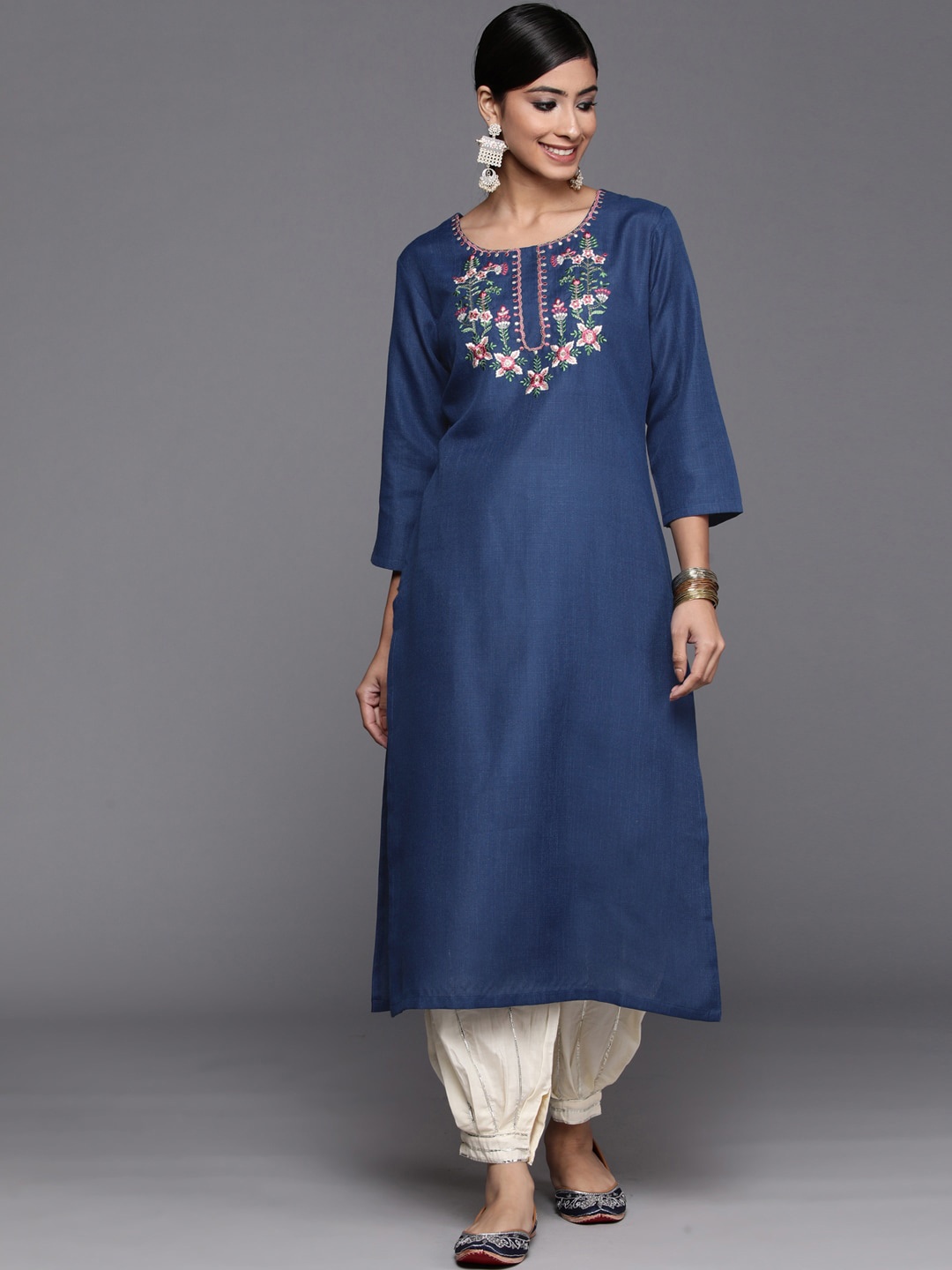KALINI Floral Yoke Design Thread Work Cotton Kurta, Blue