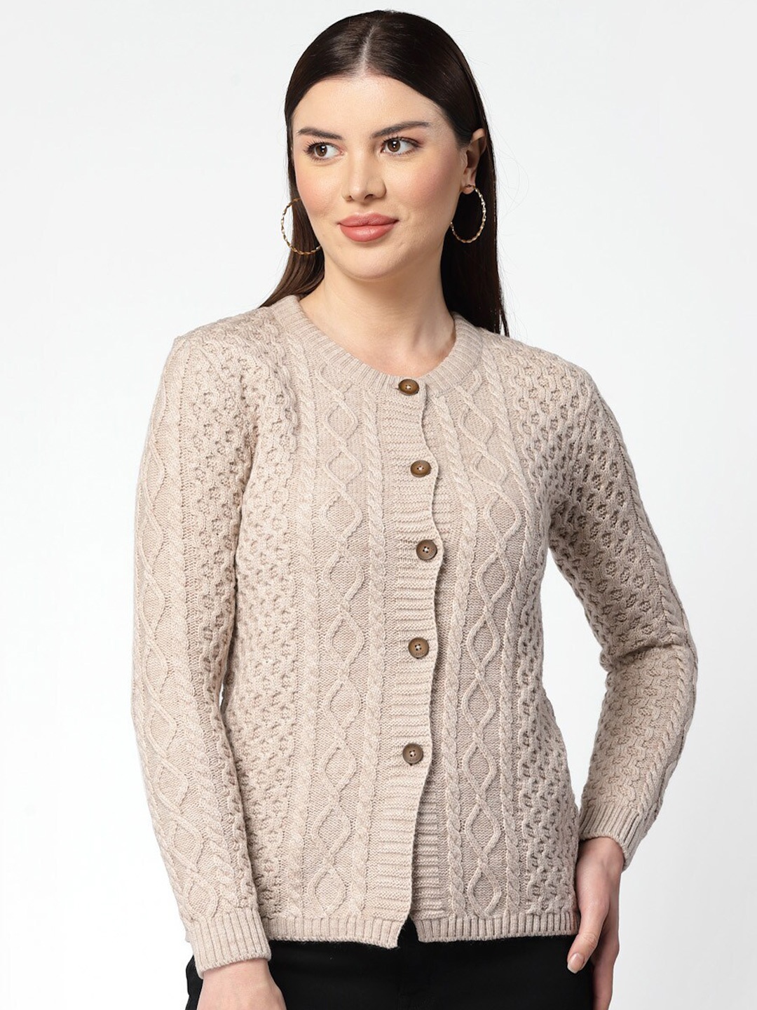 

Kalt Cable Knit Self Design Acrylic Cardigan Sweater, Brown