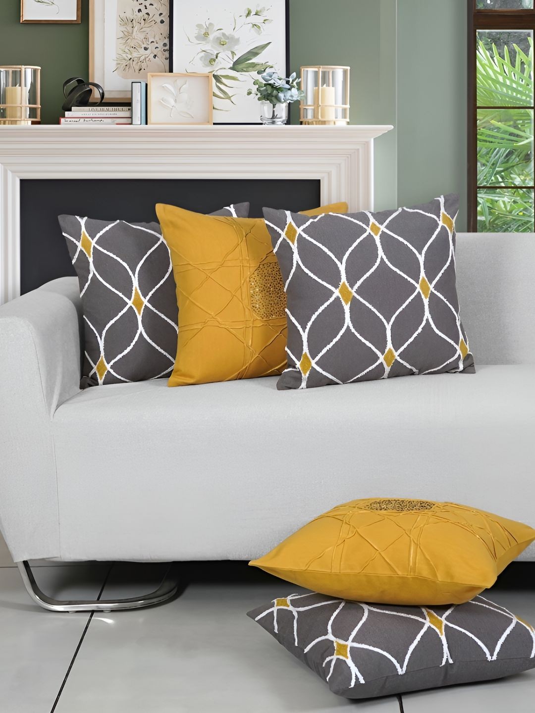 

Ode & Cleo Grey & Yellow 5 Pieces Ethnic Motifs Cotton Square Cushion Covers