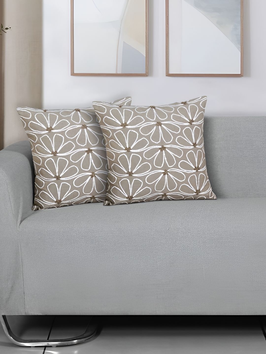 

Ode & Cleo Grey & White 2 Pieces Embroidered Square Cushion Covers
