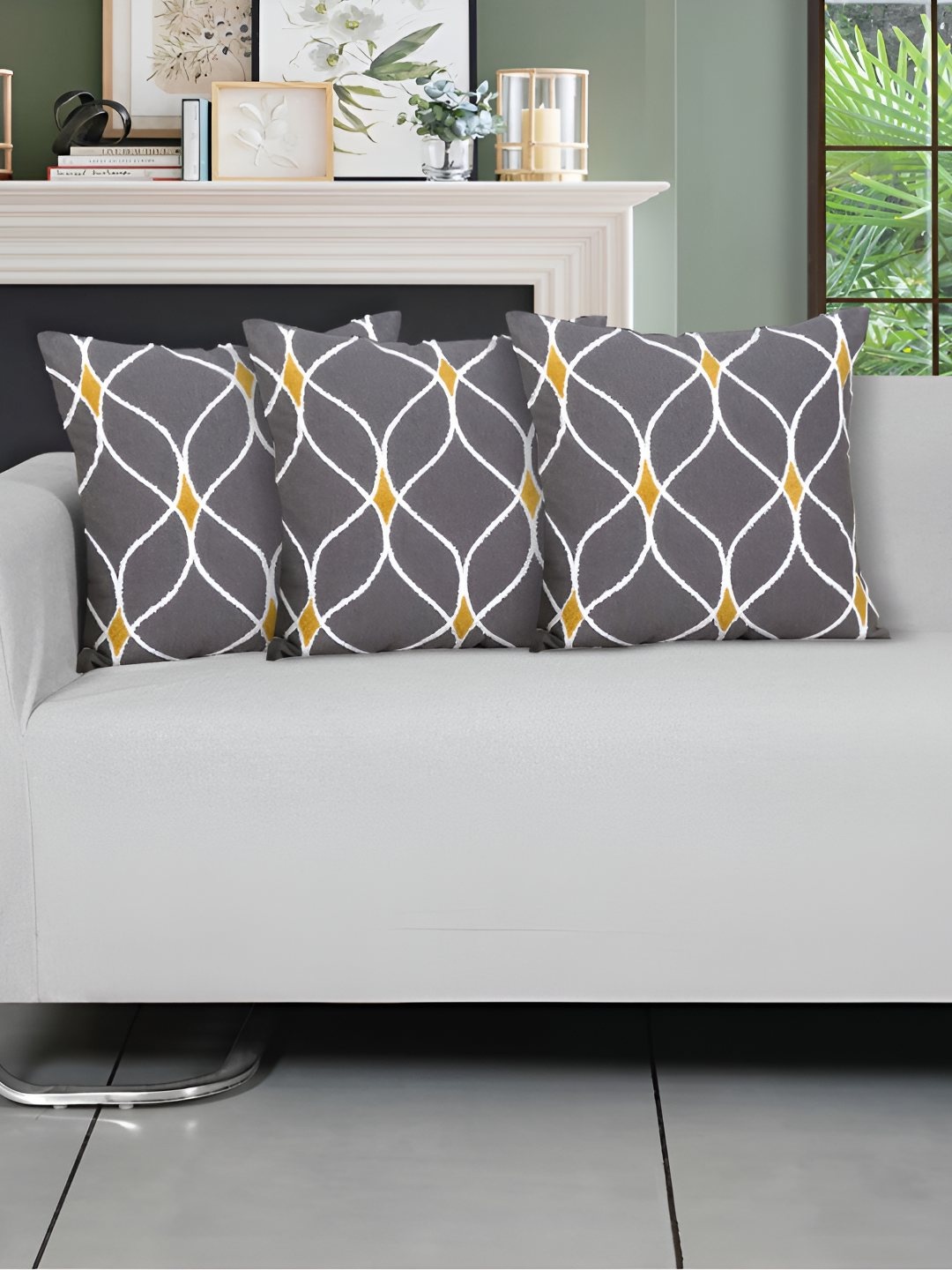 

Ode & Cleo Grey & White 3 Pieces Geometric Printed Cotton Square Cushion Covers