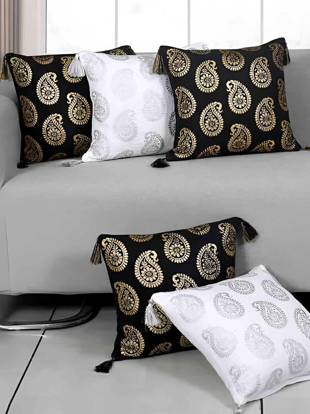 

Ode & Cleo Set of 2 Ethnic Motifs Cotton Square Cushion Covers, Black