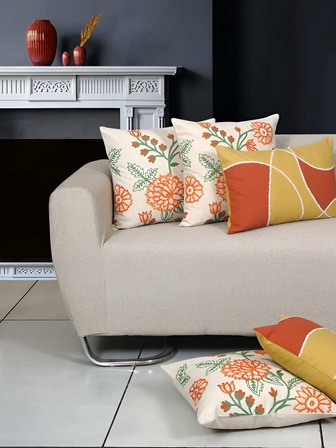 

Ode & Cleo Mustard & White 5 Pieces Floral Embroidered Cotton Square Cushion Covers