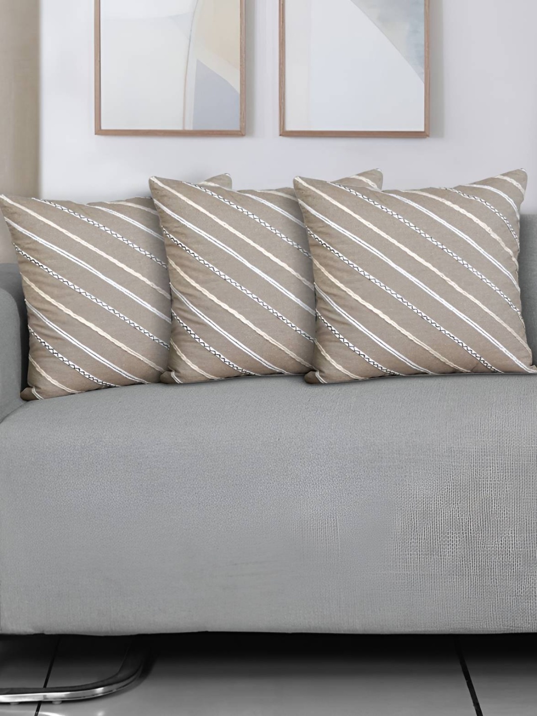

Ode & Cleo Grey 3 Pieces Striped Printed Cotton Square Cushion Covers