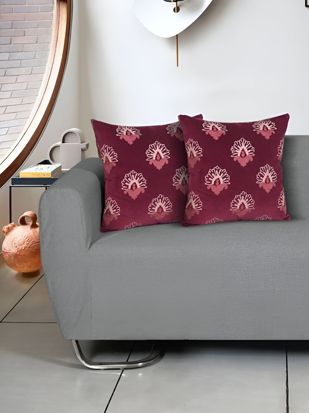

Ode & Cleo Maroon & White 2 Pieces Ethnic Motifs Embroidered Cotton Square Cushion Covers
