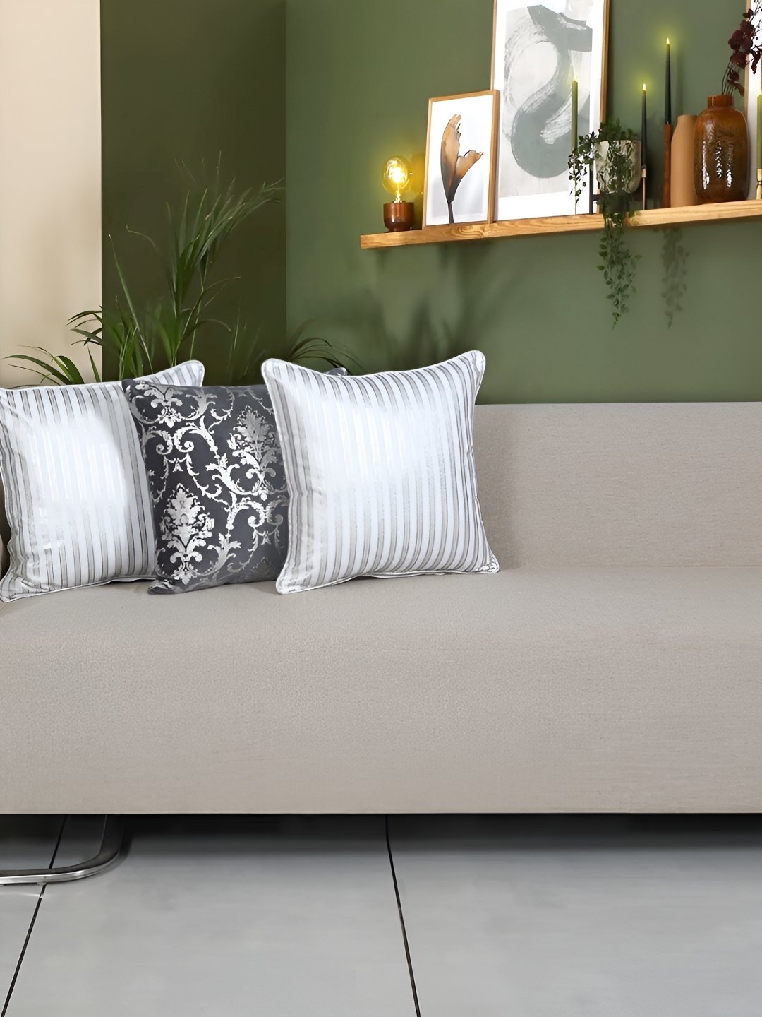 

Ode & Cleo White & Silver-Toned 3 Pieces Ethnic Motifs Square Cushion Covers