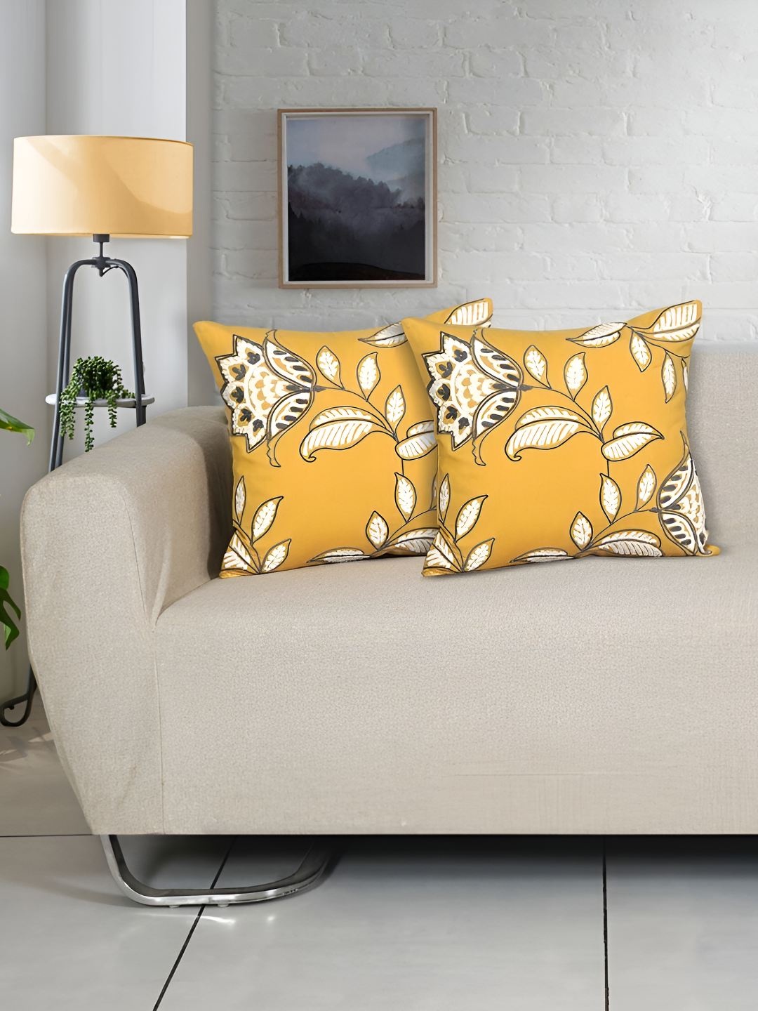 Ode & Cleo Yellow & White 2 Pieces Floral Printed Pure Cotton Square Cushion Covers