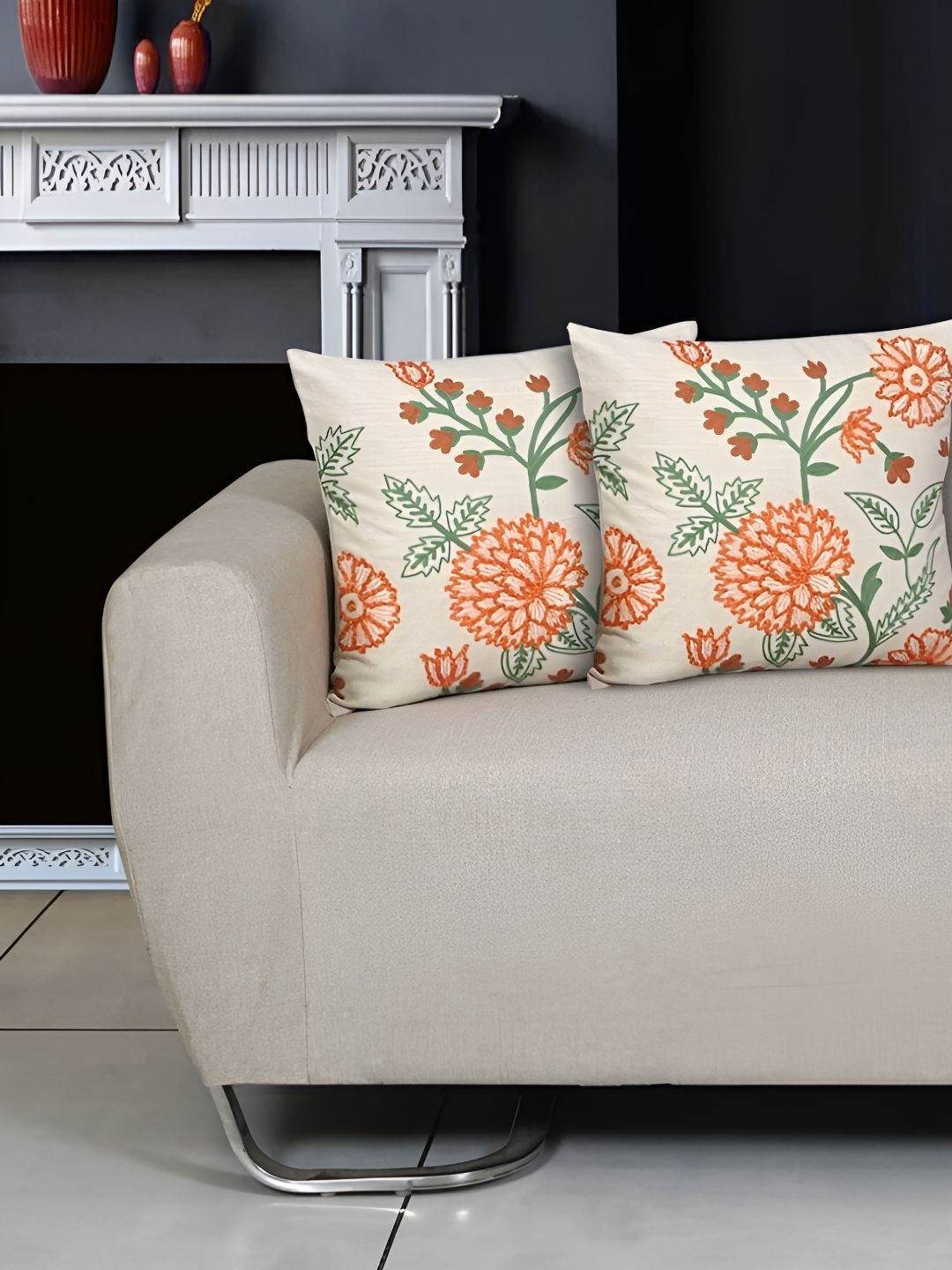 

Ode & Cleo Grey & Orange 2 Pieces Floral Embroidered Pure Cotton Square Cushion Covers