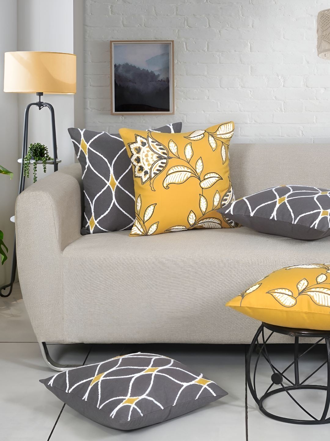 

Ode & Cleo Grey & Yellow 5 Pieces Ethnic Motifs Cotton Square Cushion Covers