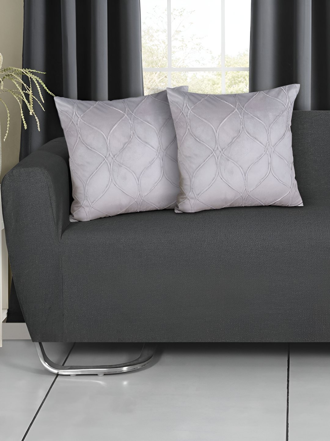 

Ode & Cleo White 2 Pieces Ethnic Motifs Cotton Square Cushion Covers, Grey