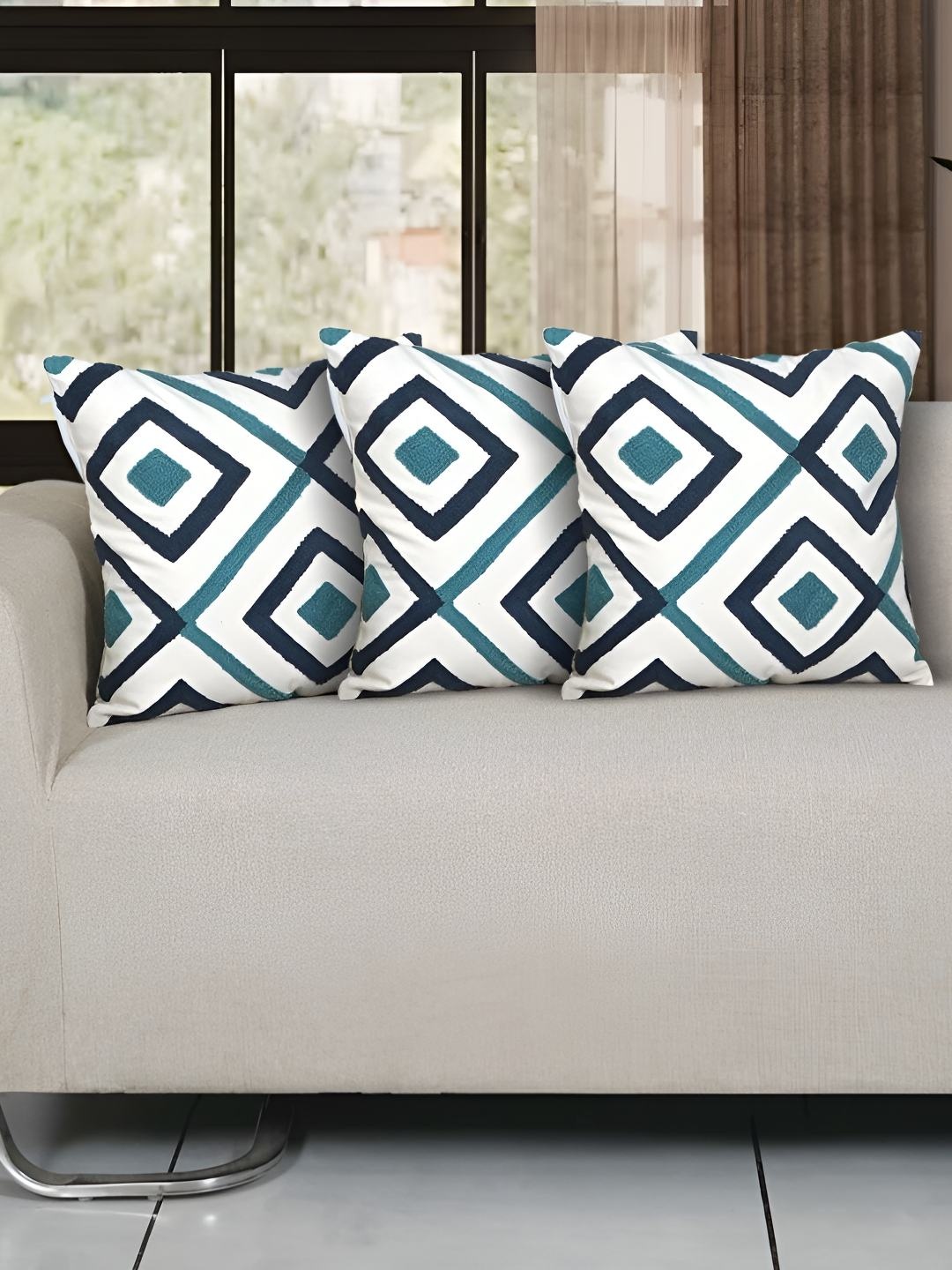 

Ode & Cleo White & Navy Blue 3 Pieces Geometric Cotton Square Cushion Covers