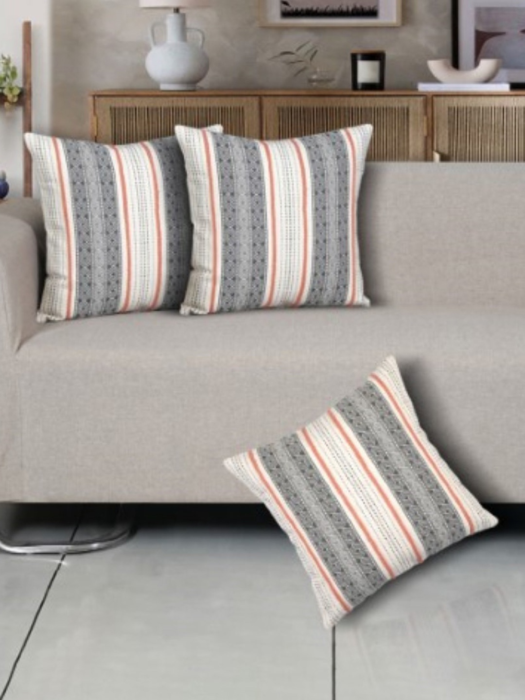 

Ode & Cleo Grey & White 3 Pieces Striped Velvet Square Cushion Covers