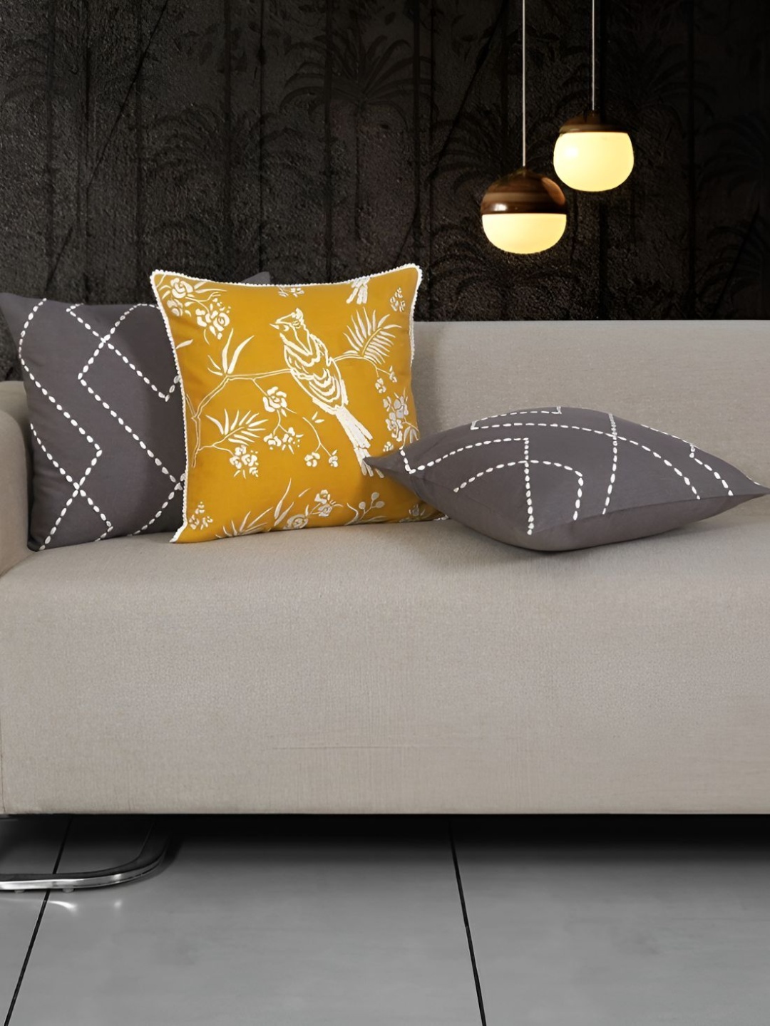 

Ode & Cleo 3 Pieces Mustard & Grey Embroidered Square Cushion Covers
