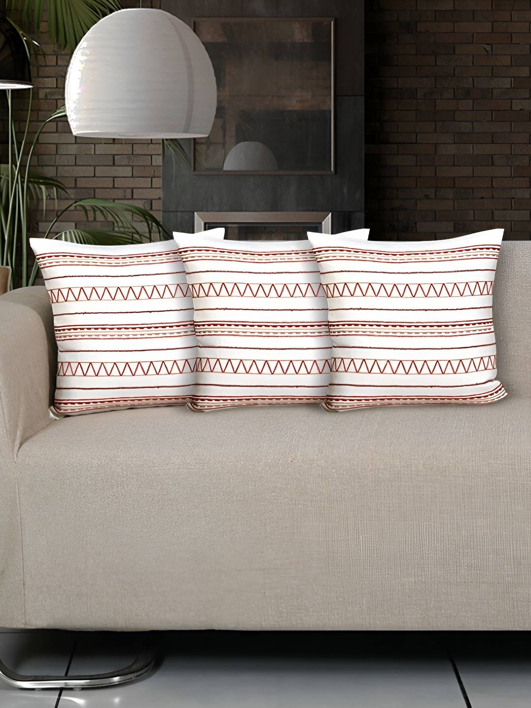 

Ode & Cleo White & Beige 3 Pieces Striped Cotton Square Cushion Covers, Off white