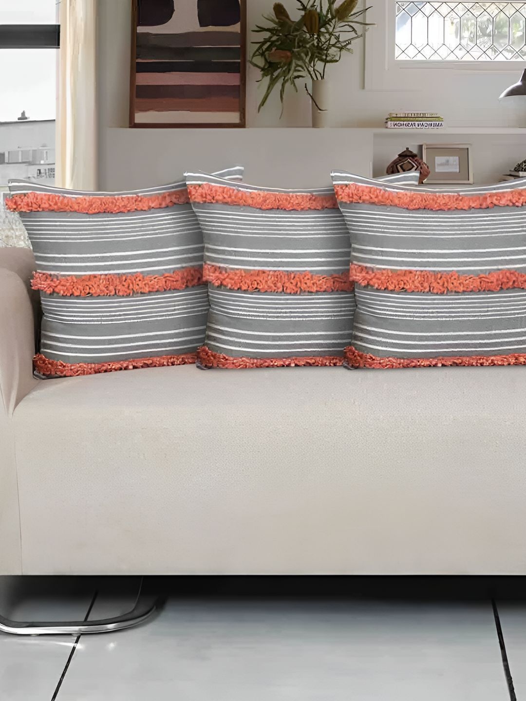 

Ode & Cleo Off White & Grey 3 Pieces Striped Cotton Square Cushion Covers