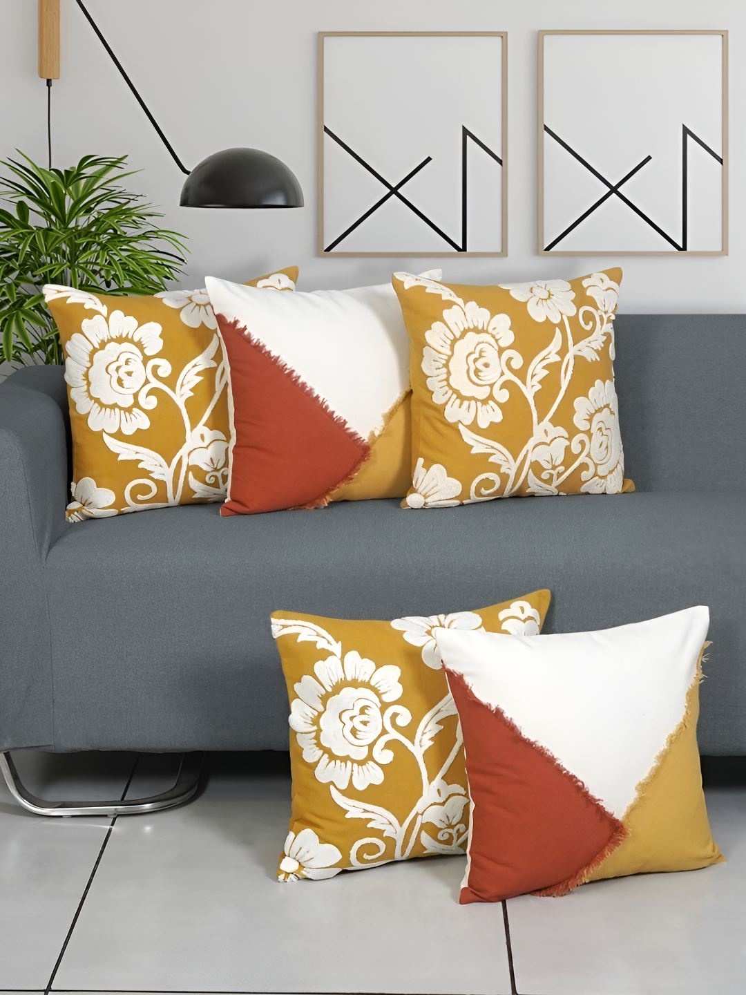 

Ode & Cleo White & Yellow 5 Pieces Embroidered Cotton Square Cushion Covers