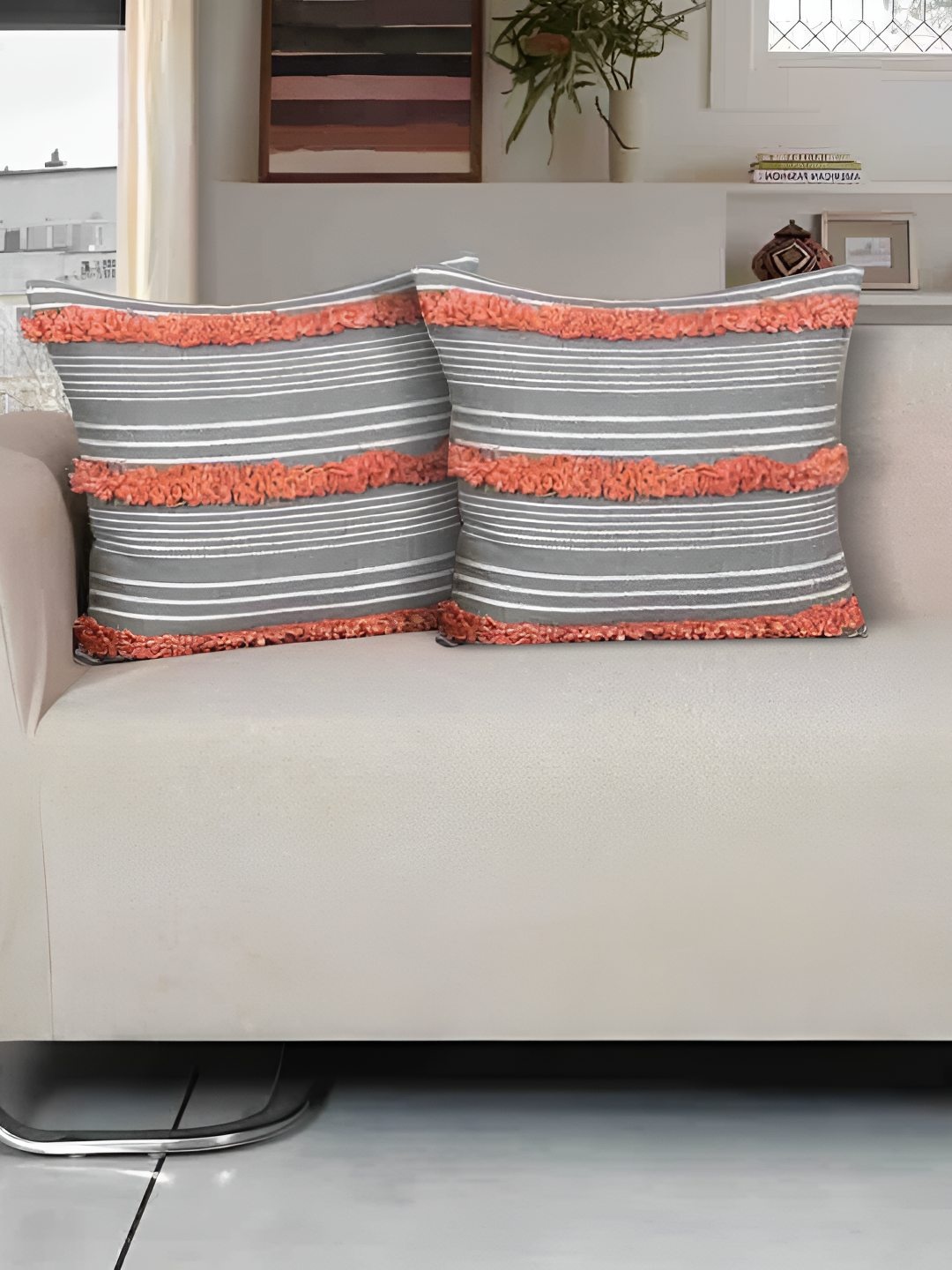 

Ode & Cleo Set of 3 Striped Cotton Square Cushion Covers, Grey