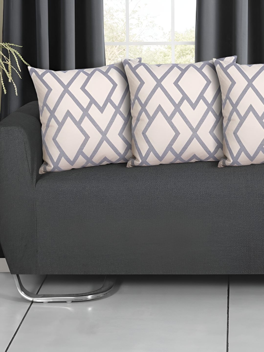 

Ode & Cleo Grey & Off White 3 Pieces Abstract Embroidered Cotton Square Cushion Covers