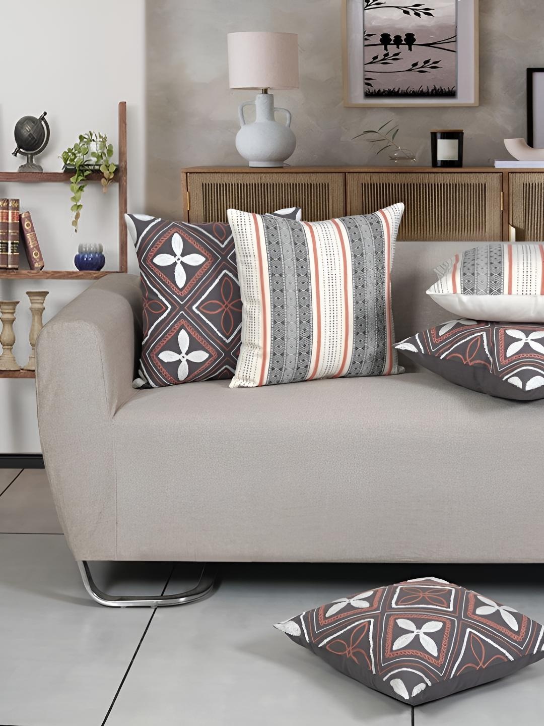 

Ode & Cleo Grey & White 5 Pieces Ethnic Motifs Embroidered Cotton Square Cushion Covers