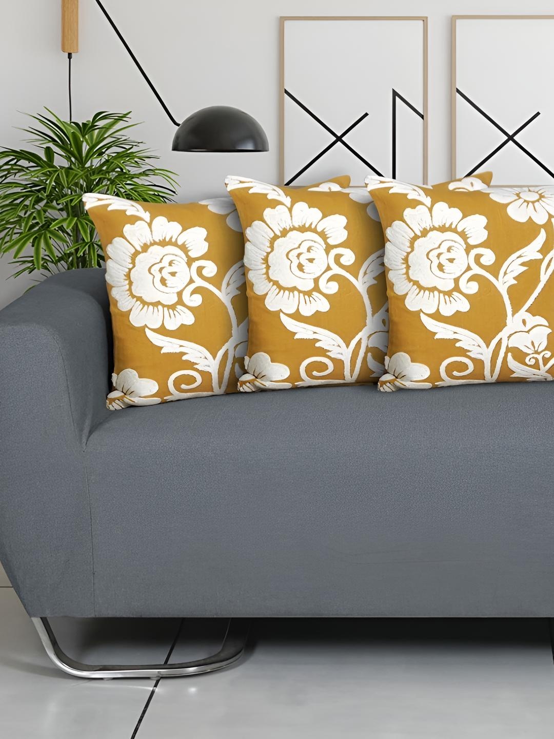 

Ode & Cleo Mustard & White 3 Pieces Embroidered Pure Cotton Square Cushion Covers