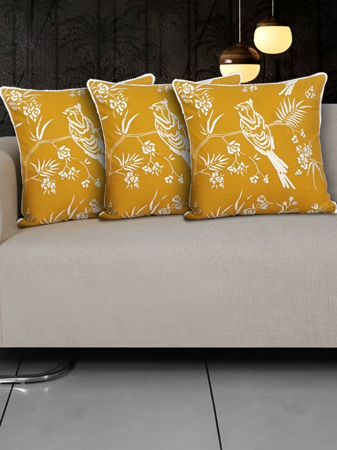 

Ode & Cleo Yellow & White 3 Pieces Embroidered Cotton Square Cushion Covers